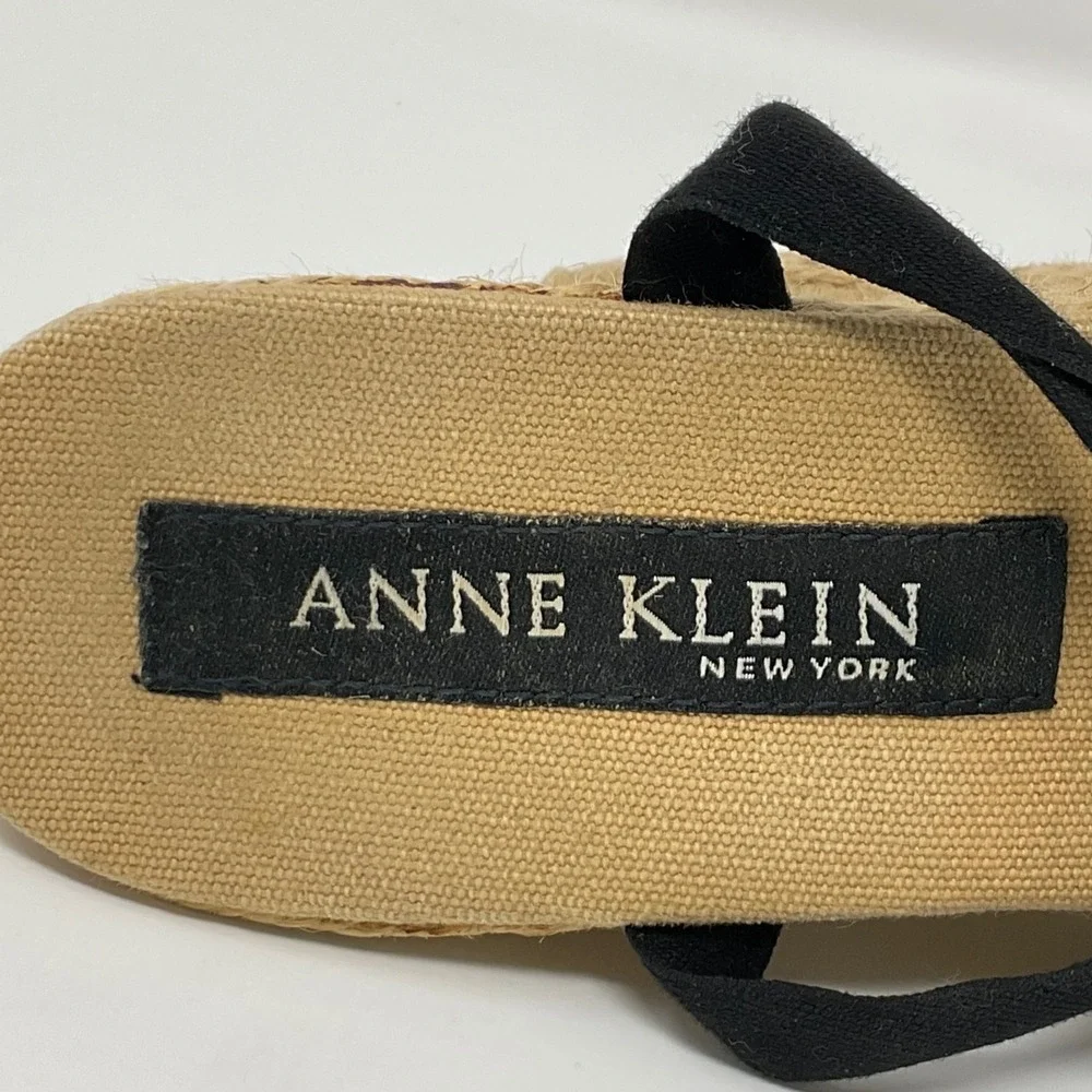 Anne Klein Espadrille Wedge Sandals Black Lace Up Ankle Wrap 38 7.5 Boho Classic